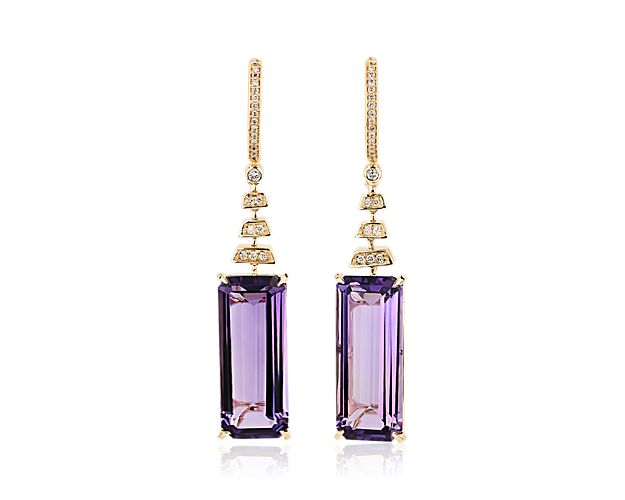 Go for an elegantly timeless look when you wear these drop earrings featuring emerald-cut amethysts dangling gracefully, with accent diamonds adding a dash of sparkle. The 14k yellow gold design finish them with classic luxurious style.